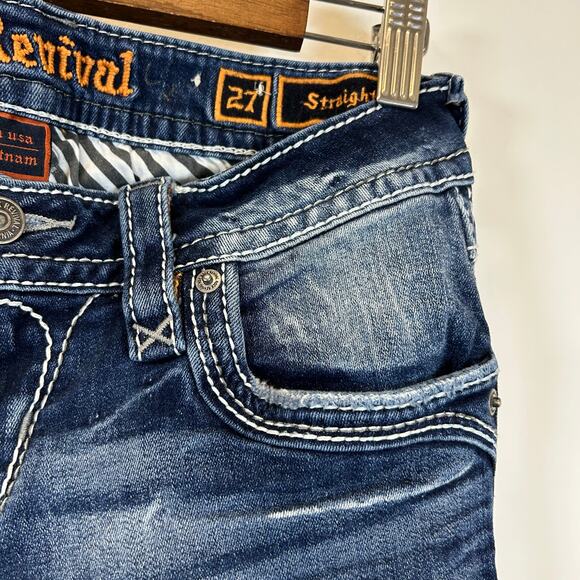 Rock Revival Taye Straight Leg Jeans Medium Wash Distressed Y2K Bling Denim  27 - Picture 5 of 11